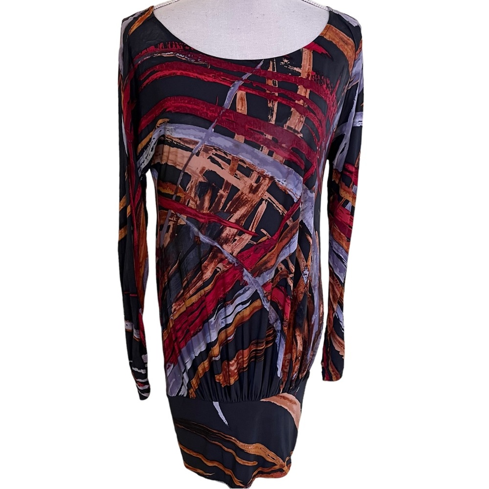 BCBGMAXAZRIA Grey Multicolored Long Sleeve Jersey Dress with Fitted Band